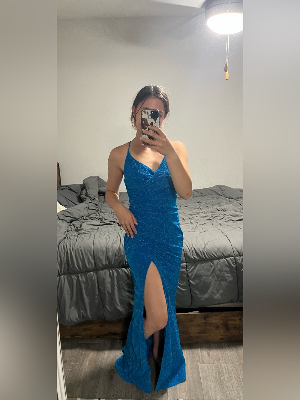 Faeriesty Blue Sparkle Ruched Maxi Formal Dress Size Small